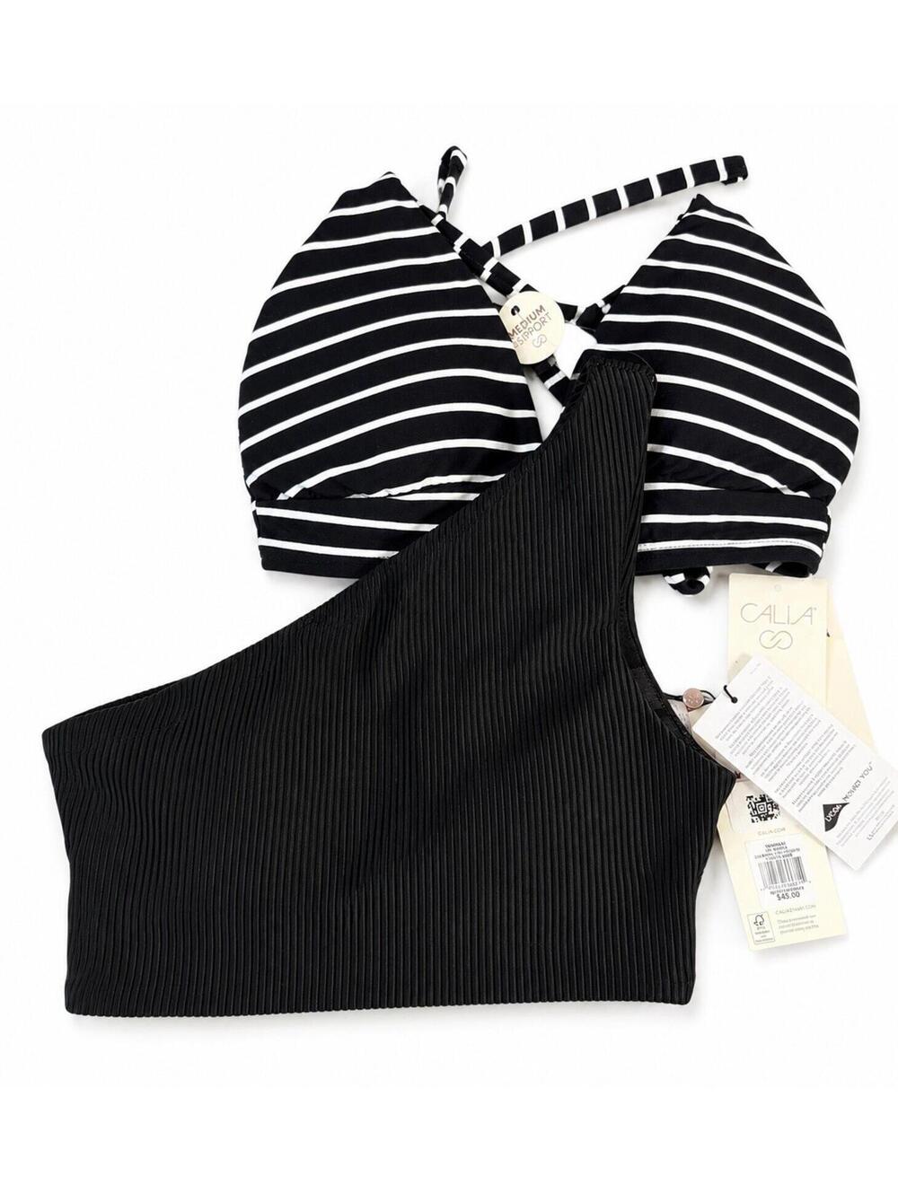 NWT CALIA Swim Set XXS One Shoulder Ribbed Bikini Top Black Stripe $90 Retail